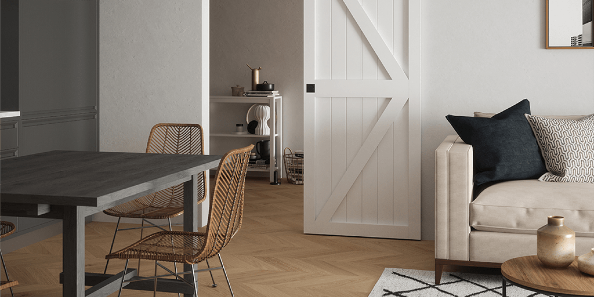white door beside white sofa