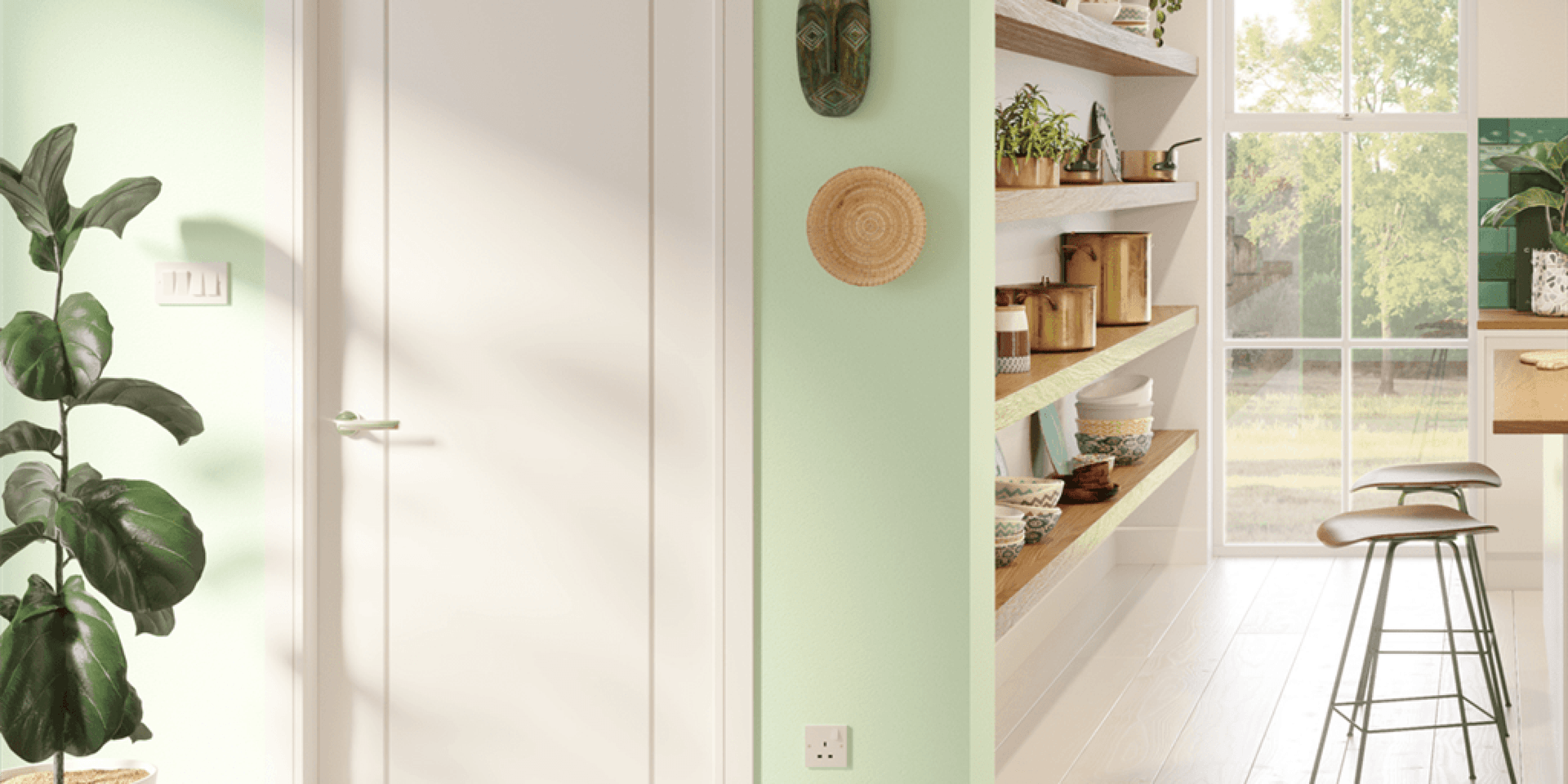white grooved door in green room